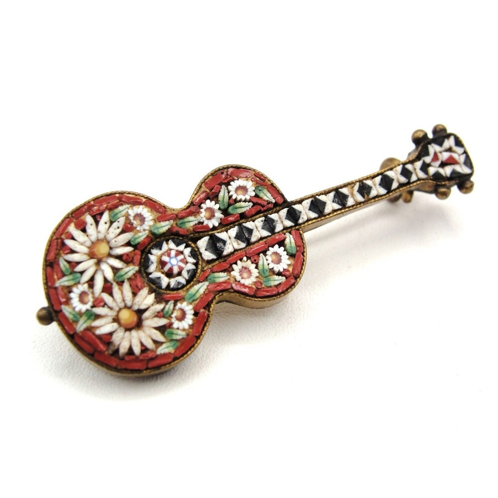 Vtg Italian Micro Mosaic Guitar Brooch Attributed to Michelangelo Caetani Design